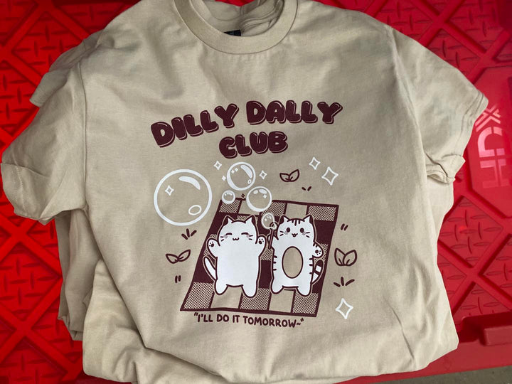 Finished Dilly Dally Club t-shirt, screen printed by RVA Threads
