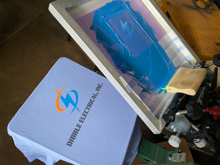 Finished Dibble Electrical t-shirt back print, screen printed by RVA Threads