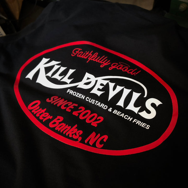 Finished Kill Devils Custard t-shirt back print, screen printed by RVA Threads