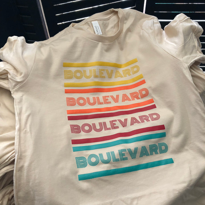 Finished Boulevard Flower Gardens t-shirt, screen printed by RVA Threads
